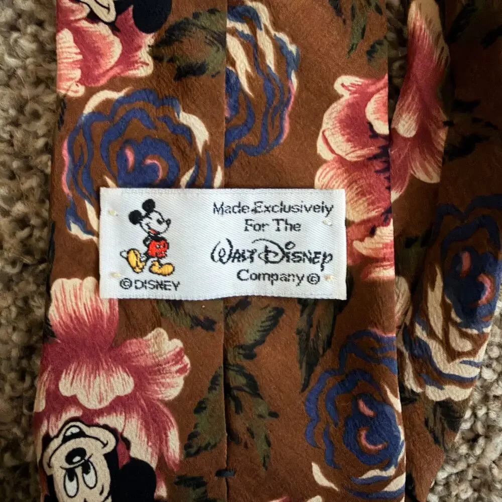 Vintage Walt Disney Mickey Mouse Floral Men's Silk Neck Tie Brown